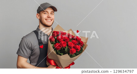 Florist holding red roses bouquet for valentine's day 129634797