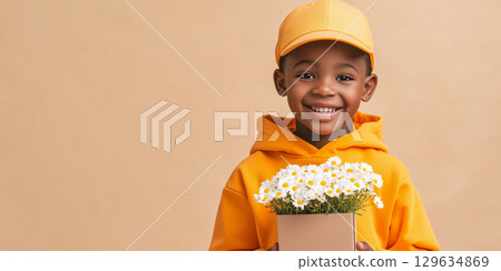 African American Smiling delivery boy holding flowers for valentine's day 129634869