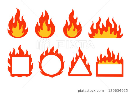 Fire flame, fireball campfire heat isolated icons set. Burning flame warning abstract design orange 129634925