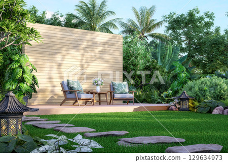 3D render of a tropical garden lounge with wooden chairs 129634973