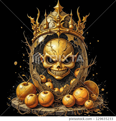Golden installation of a decorative character. A golden skull with pointed ears emerges from a cracked egg-like structure, surrounded by withering vines and apples. The skull wears an ornate golden cr Golden installation of a decorative character. A golden skull with pointed ears emerges from a cracked egg-like structure, surrounded by withering vines and apples. The skull wears an ornate golden cr 129635233