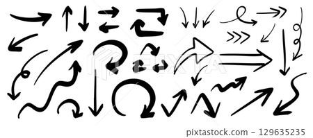 Set of hand-drawn curved arrows and line drawing ornaments Vector illustration White background 129635235