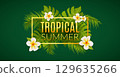 Tropical summer background with palm leaves and plumeria flowers on dark green backdrop for vacation 129635266