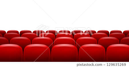 Rows red theater seats in cinema auditorium. Red chairs cinema background concert on white 129635269