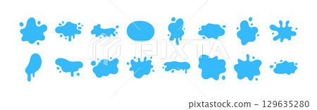 Water splash drop vector liquid puddle fluid shape cartoon icon set. Blue splash element tear blob 129635280