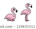 Cute cartoon pink flamingo characters in sitting and standing poses isolated on white background 129635311