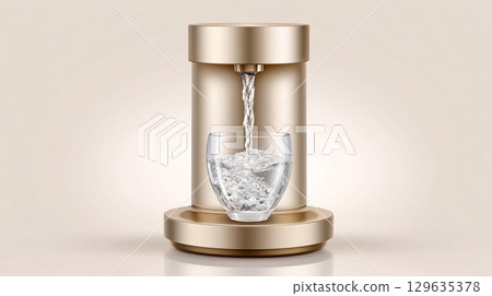 Chic kitchen with a modern water dispenser filling a glass 129635378