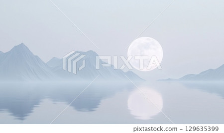 Breathtaking misty landscape shows a large full moon rising above a serene lake reflecting the mountains and soft light, creating a tranquil and ethereal atmosphere 129635399