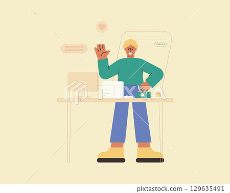 Flat style illustration of influencer character live streaming. Real-time communication, social media interaction, and online engagement. Vector illustration. 129635491