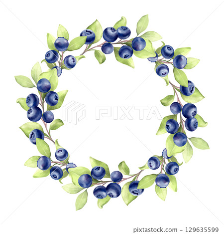 Hand-drawn illustration of a round frame or wreath featuring ripe blueberries and green leaves. Perfect for invitations, logo design, or food-related branding Hand-drawn illustration of a round frame or wreath featuring ripe blueberries and green leaves. Perfect for invitations, logo design, or food-related branding 129635599