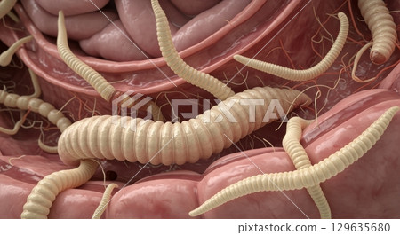 3D render of human parasites and worms in intestines and esophagus. Helminth infection, symptoms, prevention and treatment. Medical healthcare concept illustration 129635680