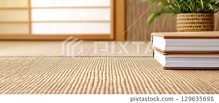 Relaxing interior with stacked books and natural decor in a serene Japanese-style room 129635698