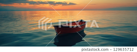 Serene sunset over calm waters with a red boat floating gently 129635712