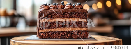 Moist chocolate cake layered with rich frosting and decorative toppings in a cozy cafe setting 129635714
