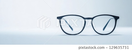 Stylish black eyeglasses with a minimalist design on a soft background 129635731