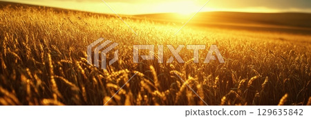 Golden fields of wheat under a vibrant sunset in rural landscape 129635842