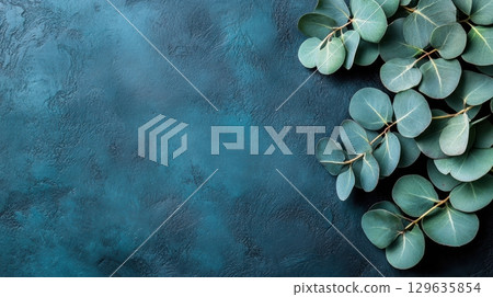 Eucalyptus leaves on a textured teal background for stylish home decor and gardening inspiration 129635854