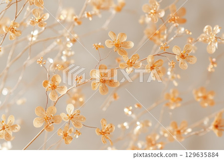 Delicate blossoms in soft tones arranged artistically on a light background 129635884