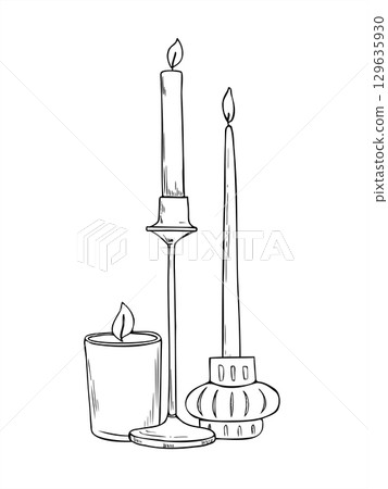 Monochrome vector composition of burning candles in various shapes hand painted by black inks. Candle on candleholder illustration for card, religious celebration, winter decoration, spiritual decor 129635930