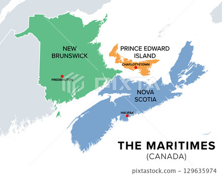 The Maritimes, the Maritime provinces of Canada, multi colored map. Region of Eastern Canada, consisting of the three provinces New Brunswick, Nova Scotia, and Prince Edward Island. Isolated. Vector 129635974