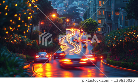 Winding road illuminated by city lights during twilight in an urban neighborhood 129636020