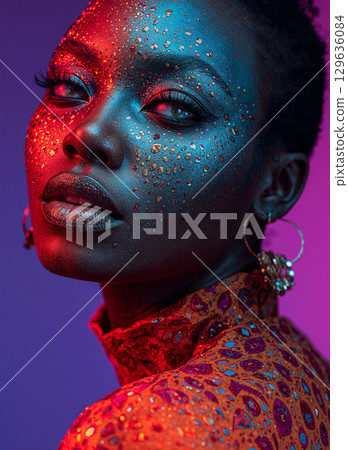 A stunning high fashion beauty portrait of an elegant Black woman with artistic metallic droplet makeup and a patterned high-neck top. 129636084