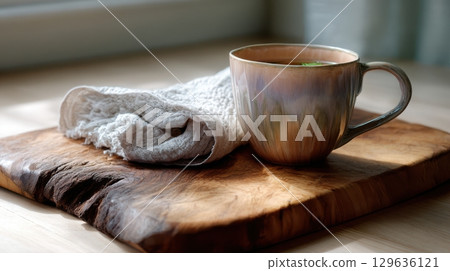 A rustic wooden cutting board with a patina finish, featuring a ceramic cup with herbal tea and linen napkin folded beside. Light coming from left side for soft contrast. A rustic wooden cutting board with a patina finish, featuring a ceramic cup with herbal tea and linen napkin folded beside. Light coming from left side for soft contrast. 129636121