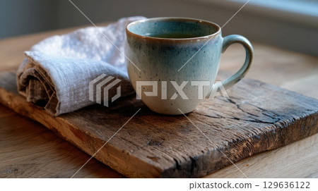 A rustic wooden cutting board with a patina finish, featuring a ceramic cup with herbal tea and linen napkin folded beside. Light coming from left side for soft contrast. 129636122