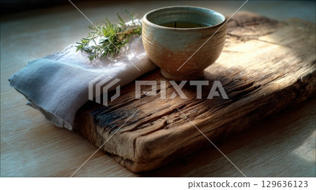 Tea scene with rustic wood and soft textures, shot on white for clean composition, ideal for kitchen lifestyle, wellbeing and slow living imagery. 129636123