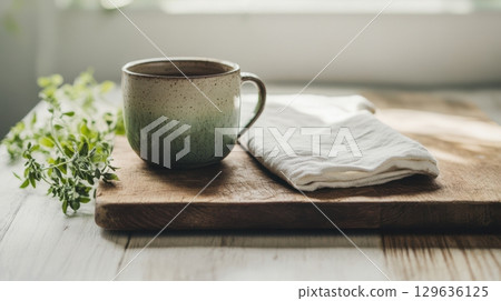 Flatlay of wooden board and hot drink setup, perfect for warm minimal product shots, homeware branding or food-related content. 129636125