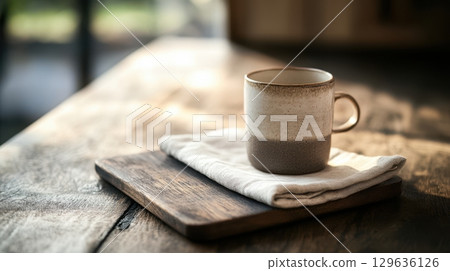 Flatlay of wooden board and hot drink setup, perfect for warm minimal product shots, homeware branding or food-related content. 129636126