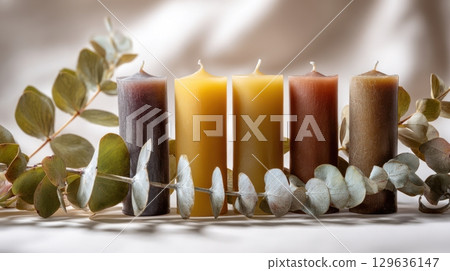 Stilllife with botanical decor and beeswax candles on matte white surface, minimal and calming composition for interior lifestyle content. 129636147