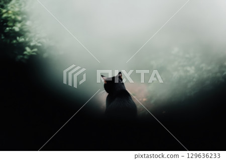 Black cat gazes into a misty forest pathway as soft light filters through greenery 129636233