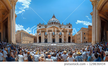 St Peters Basilica Piazza Crowd Sunny Day Vatican City St Peters Basilica Piazza Crowd Sunny Day Vatican City 129636434