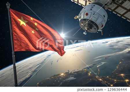 Chinese flag and space station orbiting earth with sun in background view 129636444