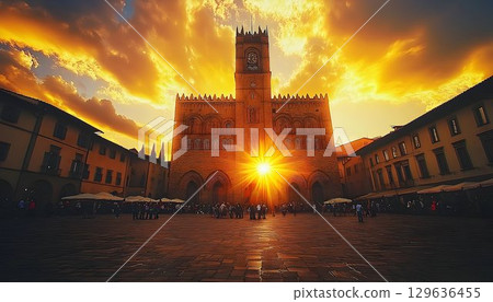Golden Sunset Illuminates Piazza with Ancient Architecture 129636455
