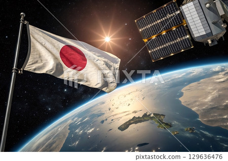 A view of earth with japan flag and satellite in outer space background 129636476