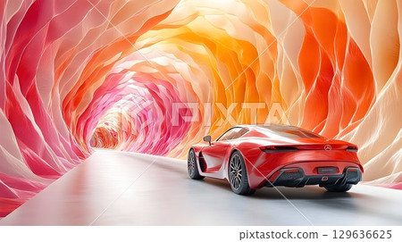 Red Sports Car Driving Through a Colorful, Abstract Tunnel of Li 129636625