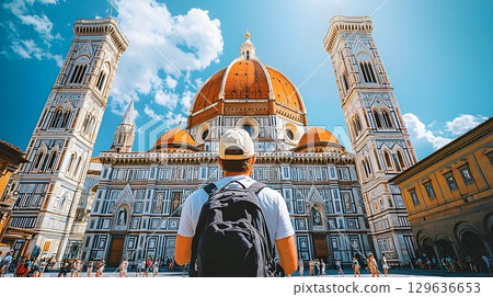 Traveler admiring grand cathedral architecture sunny day 129636653