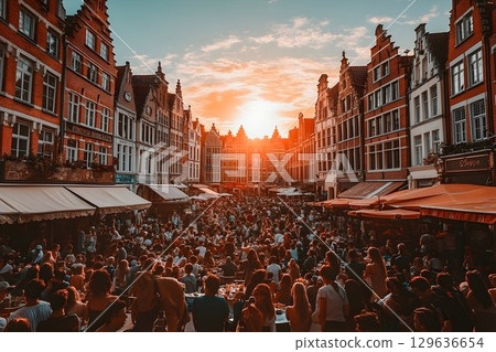 Sunset city street crowd gathering urban lifestyle travel photography 129636654