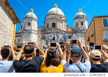 Tourists photographing historic building sunny daytime crowd of people outdoor scene Tourists photographing historic building sunny daytime crowd of people outdoor scene 129636655