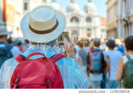 Tourist taking pictures of cityscape with smartphone Tourist taking pictures of cityscape with smartphone 129636656