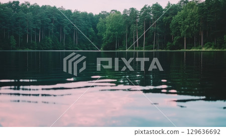 Calm lake reflects trees during sunset with gentle ripples in the water 129636692