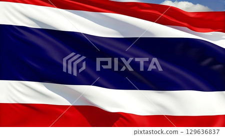 Close up of thailand flag waving with red white and blue stripes design view 129636837