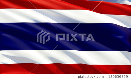 A close up of the thailand flag waving gently in the wind outdoors today 129636839