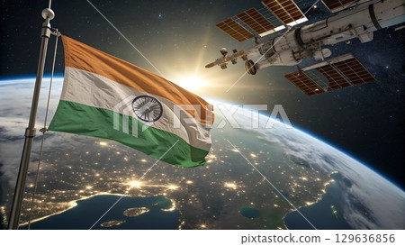 Indian flag waving in space with earth and a space station in background 129636856