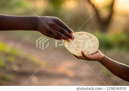 Hands sharing a flatbread outdoors in soft light, a symbol of generosity 129636859
