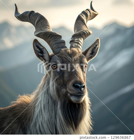 Close up portrait of a markhor with large spiral horns in a mountain area Close up portrait of a markhor with large spiral horns in a mountain area 129636867