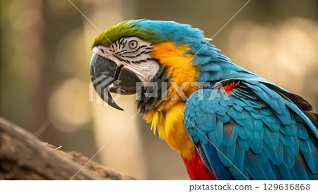 Close up of a blue and gold macaw perched on a branch with blurred background Close up of a blue and gold macaw perched on a branch with blurred background 129636868