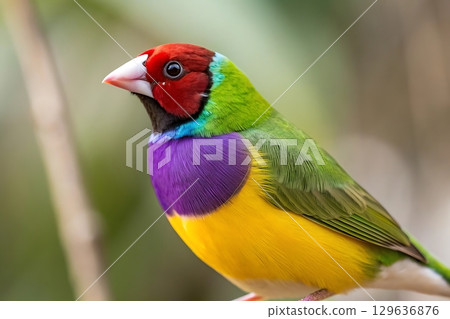 Close up of a colorful gouldian finch perched on a branch with soft bokeh 129636876